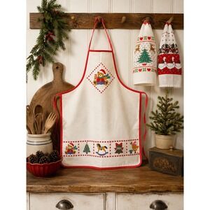 B&D Christmas Apron and Towel Set White Red 90s Country Holiday 3pc Set Gift